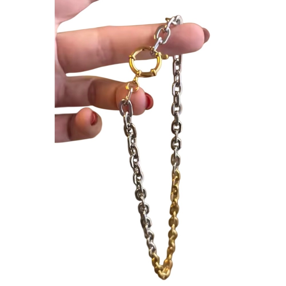 Two Tone Chunky Chain Link Necklace Gold Silver Mixed Metal Sailor Clasp Choker - Picture 9 of 10